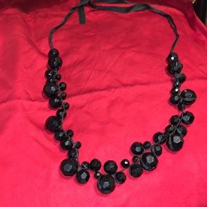 Large Black Faceted Bead Necklace with Ribbon Tie